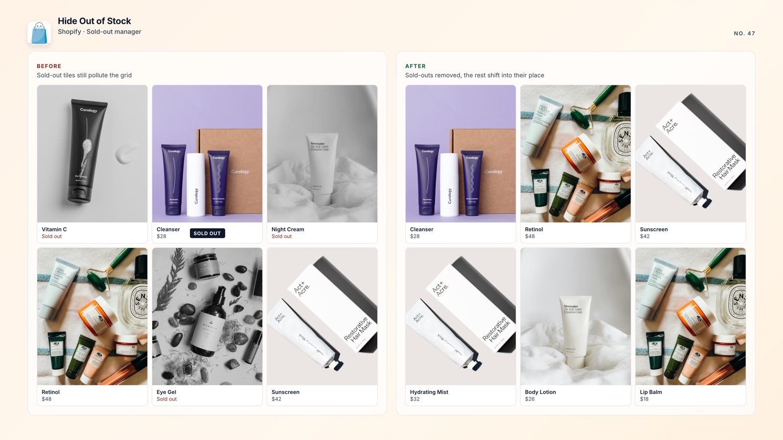 Before and after of a Shopify collection with out-of-stock products hidden automatically