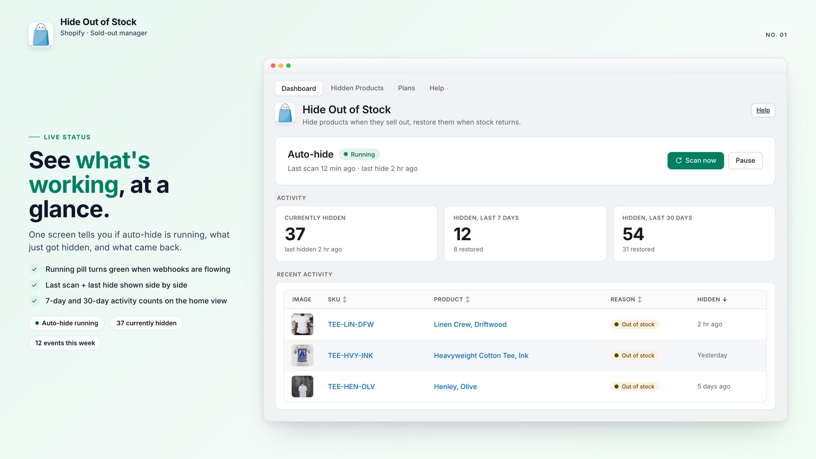 Running a one-click scan to bulk-hide out-of-stock Shopify products