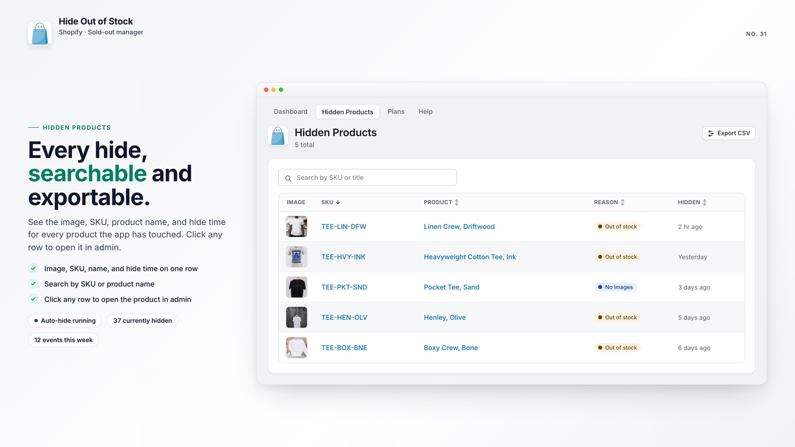 Hide Out of Stock list of hidden Shopify products with image, SKU and hide time