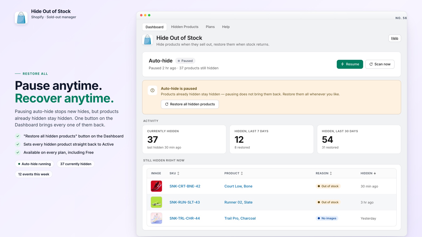 Hide Out of Stock restoring Shopify products automatically when restocked