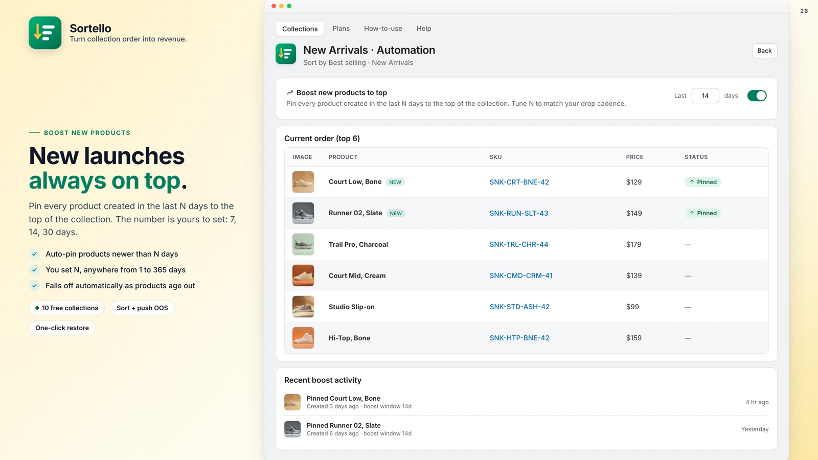 Sortello ranking a Shopify collection by best selling with product velocity