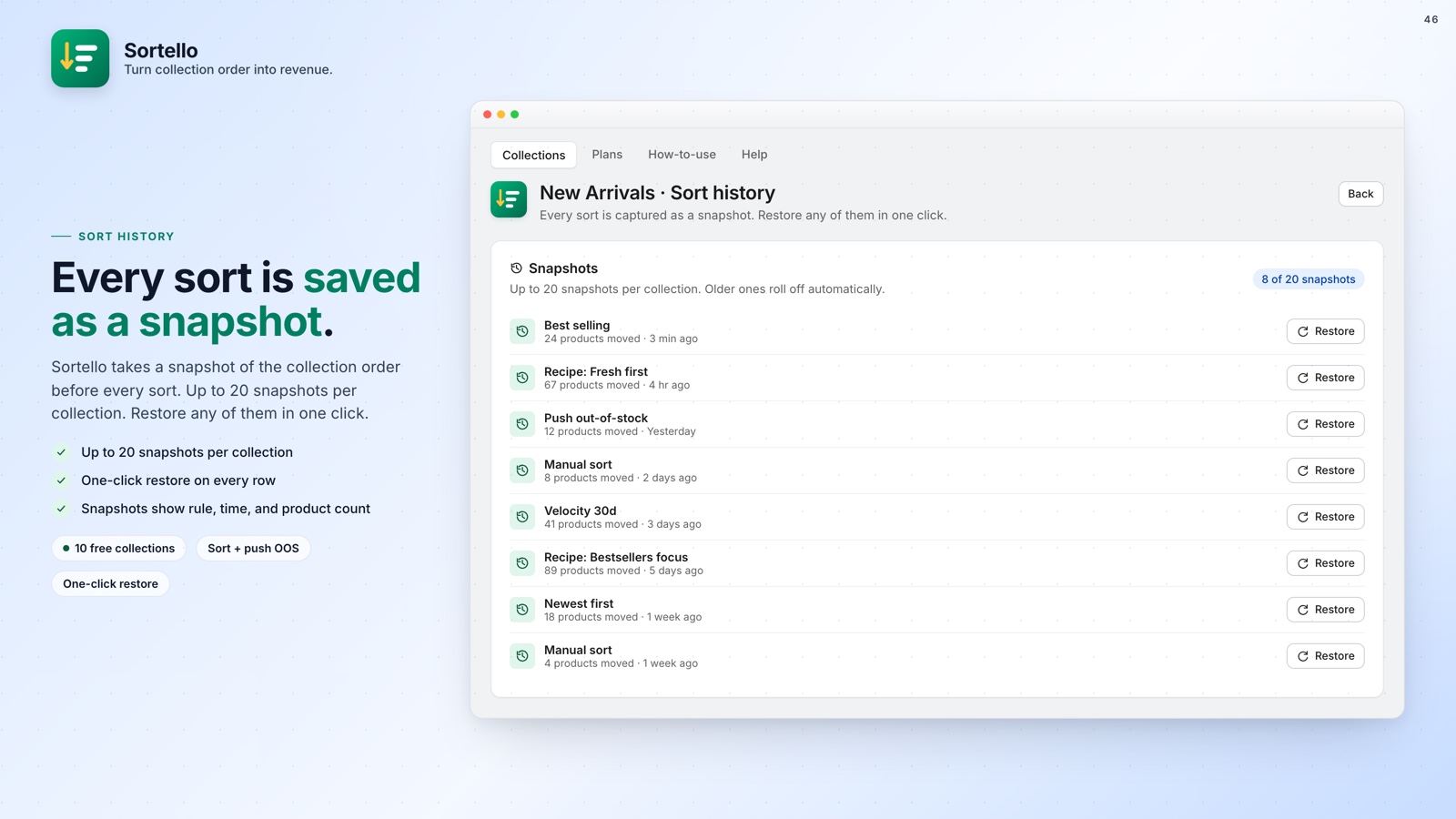 Sortello saved order snapshots and CSV export for Shopify collections