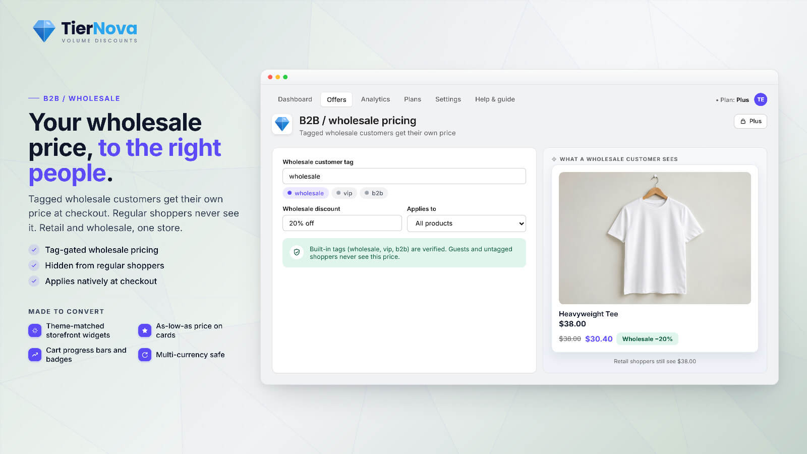 TierNova B2B wholesale pricing for tagged customers